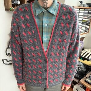 Vintage 80s Gray and Red Abstract Geometric Knit Cardigan ~ Size Medium